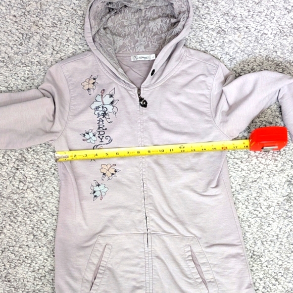 Vintage Ed Hardy Women's (Large) Slim Long Zip-Front Hoodie With Graphics & Lace - Picture 13 of 16